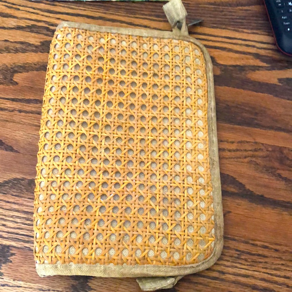 Envelope clutch purse, linen & rattan woven EUC